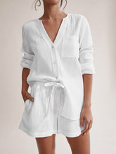 Notched Long Sleeve Top and Shorts Set White OutfitFlow
