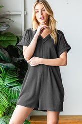 Heimish Full Size Short Sleeve Ribbed Romper with Pockets Charcoal OutfitFlow