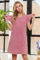 ADORA Mineral Washed V-Neck Ruffled Cap Sleeve Dress Mauve OutfitFlow
