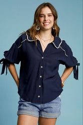 Umgee Full Size Embroidered Detail Button Down Shirt Plus Size Dark Navy OutfitFlow