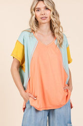 Mittoshop Color Block V-Neck Short Sleeve T-Shirt Coral Combo OutfitFlow