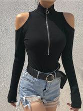 Zip Front Cold Shoulder Bodysuit Black OutfitFlow