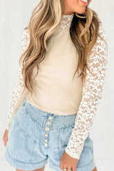 Mock Neck Long Sleeve Lace Patchwork T-Shirt Cream OutfitFlow