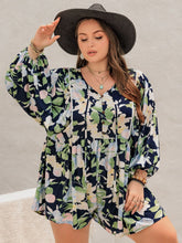 Plus Size Tied Printed Long Sleeve Romper Pastel Blue OutfitFlow