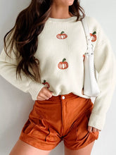 Halloween Pumpkin Embroidered Round Neck Long Sleeve Sweater Cream OutfitFlow