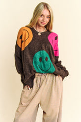Davi & Dani Contrast Smile Round Neck Oversize Sweater Dark Brown OutfitFlow