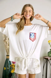 ADORA Sequin US Flag Pocketed Top Off White OutfitFlow