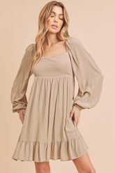 Aemi + Co Ruffled Hem Square Neck Balloon Sleeve Mini Dress Dust Storm OutfitFlow