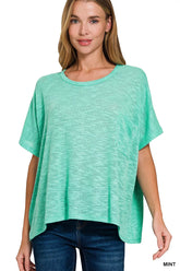 Zenana Oversized Slub Hacci Top with Pocket MINT OutfitFlow
