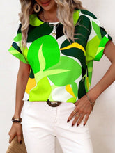 Contrast Round Neck Short Sleeve Blouse Neon Green OutfitFlow