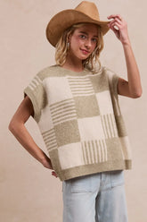 BiBi Checker With Stripes Pattern Sleeveless Sweater OLIVE IVORY OutfitFlow