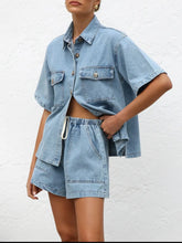Button Up Short Sleeve Top and Shorts Denim Set Light OutfitFlow