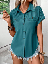 Pleated Detail Collared Neck Short Sleeve Shirt Teal OutfitFlow