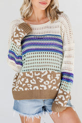 Leopard Striped Round Neck Crochet Knit Top Cream OutfitFlow