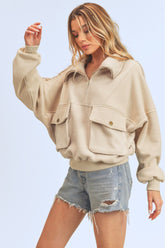 Aemi + Co Exposed Seam Half Zip Sweatshirt with Pockets Cream OutfitFlow