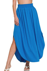 Zenana Smocked Waist Side Slit Maxi Skirt With Pockets OCEAN BLUE OutfitFlow