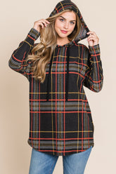 BOMBOM Drawstring Plaid Long Sleeve Hoodie Black OutfitFlow