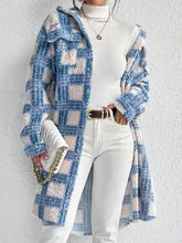Plaid Button Up Long Sleeve Fleece Coat Sky Blue OutfitFlow