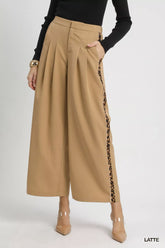 Umgee Front Pleated Wide-Leg Pants with Contrast Trim LATTE OutfitFlow