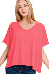 Zenana Ribbed V-Neck Short-Sleeve Knit Top CORAL OutfitFlow