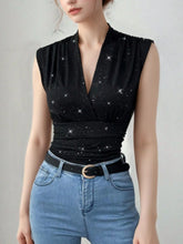 Surplice Sleeveless Slim Blouse Black OutfitFlow