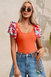 Scoop Neck Flounce Sleeve Bodysuit Orange-Red OutfitFlow