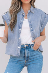 Snap Down Cap Sleeve Denim Top Light Blue OutfitFlow