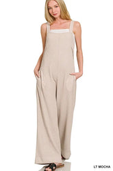 Zenana Knit Waffle Wide Leg Overalls LT MOCHA OutfitFlow