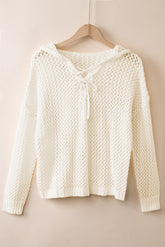 Openwork Lace-Up Hooded Sweater Cream OutfitFlow