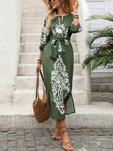 Side Slit Printed Tie Neck Dress Matcha Green OutfitFlow