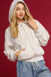 Umgee Zip-Up Fleece Hooded Jacket ECRU OutfitFlow