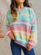 Striped Round Neck Long Sleeve Sweater Multicolor One Size OutfitFlow
