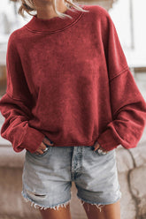 Mock Neck Dropped Shoulder Sweatshirt Deep Red OutfitFlow