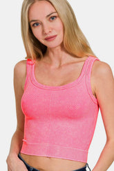 Zenana Washed Ribbed Scoop Neck Wide Strap Tank N Coral Fuchsia OutfitFlow