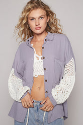 POL Openwork Lantern Sleeve Button Down Gauze Shirt Ash Grey OutfitFlow