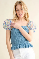 And The Why Embellishment Sleeve Smocked Top BLUE OutfitFlow