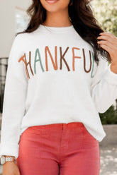 THANKFUL Round Neck Drop Shoulder Sweater White OutfitFlow