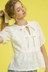 Umgee Embroidered Tie Front Peplum Blouse Cream OutfitFlow