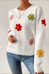 Crochet Flower Round Neck Long Sleeve Sweater White OutfitFlow