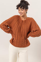 HYFVE Cable-Knit Round Neck Raglan Sleeve Sweater Rust OutfitFlow