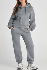 Dropped Shoulder Hooded Top and Pants Active Set Gray OutfitFlow