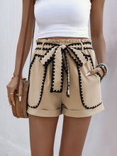 Perfee Tied Contrast Trim Shorts Tan OutfitFlow
