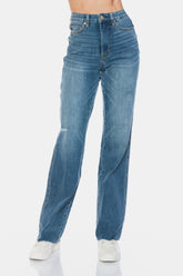 Judy Blue Full Size Tummy Control Cut Raw Hem Straight Jeans Medium OutfitFlow