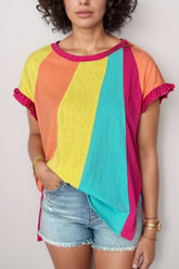 Frill Color Block Crew Neck Loose Fit T Shirt Multicolor OutfitFlow