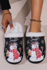 Snowman Round Toe Faux Fur Slippers Black OutfitFlow