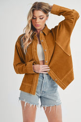 Aemi + Co Side Slit Exposed Seam Button Up Corduroy Jacket Terracotta OutfitFlow