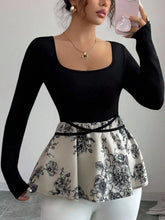 Floral Print Peplum Hem Long Sleeve Top Black OutfitFlow