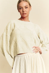 Davi & Dani Diamond Cable Pattern Drop Shoulder Sweater Ivory OutfitFlow