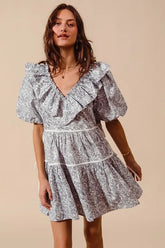 SO ME Cotton Printed Ruffle V Neckline Dress with Side Tie OFF WHITE NAVY OutfitFlow