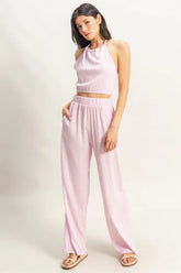 HYFVE Striped Halter Neck Top and Pants Set PINK WHITE OutfitFlow